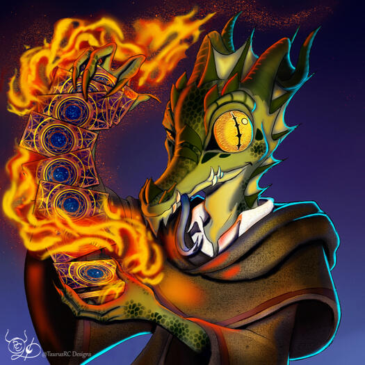 A green kobold "shopkeeper" named Scythe looks forward with interest as he shows off his magic and the Deck of Many things in his hands.