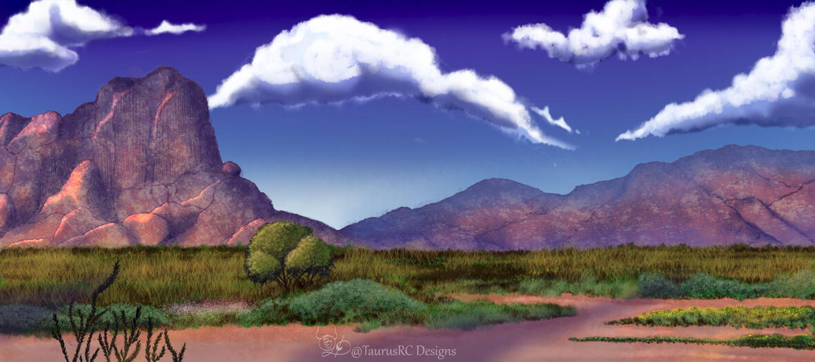 A southwestern environment of mountains, and dessert grasslands, and shrubs. Clouds are overhead with a few notable shadows on the ground.