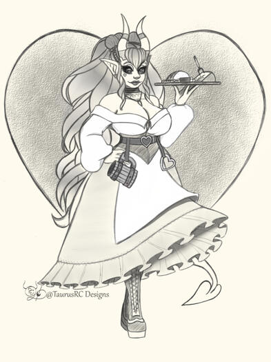 A DnD Character Teifling named Spiri Ba'axy, who is a barmaid.