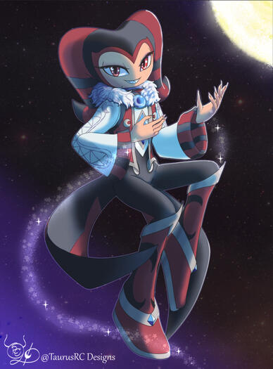 A Nightmaren fan character named Shadow Moon, who is floating in the nightsky with a moon at the corner of the background.