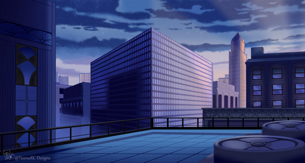 An environmental background of a city in the morning hours, with the sun barely breaking in the distance, with a few buildings cast in sunlight and shadow.